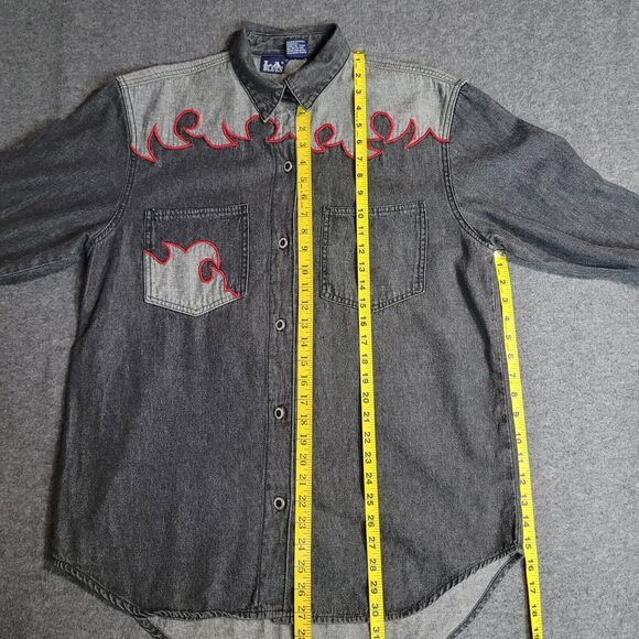 Vintage LA Blues Black Denim w/ Flames Applique Long Sleeve Shirt Size Medium - Picture 3 of 10